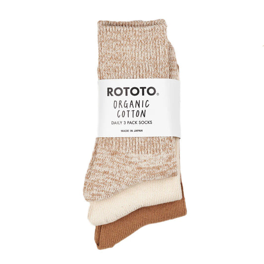 ROTOTO - Organic Daily 3 Pack Ribbed Crew Socks - Ecru Brown