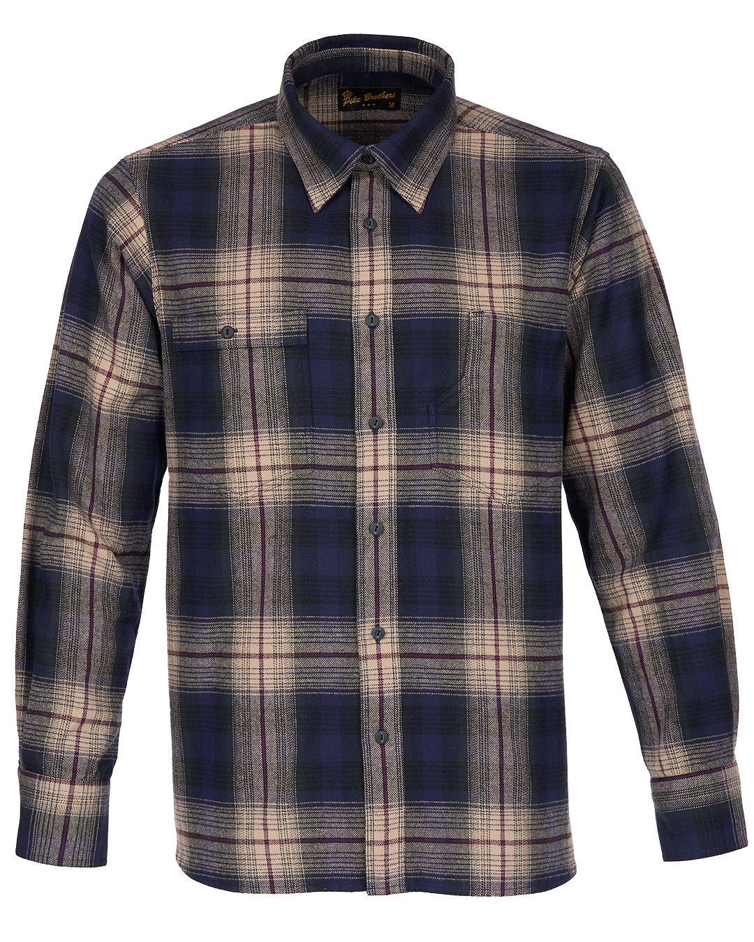 Pike Brothers Plaid shirt with blue and beige pattern, 100% cotton, sold at Regent Tailoring Salisbury