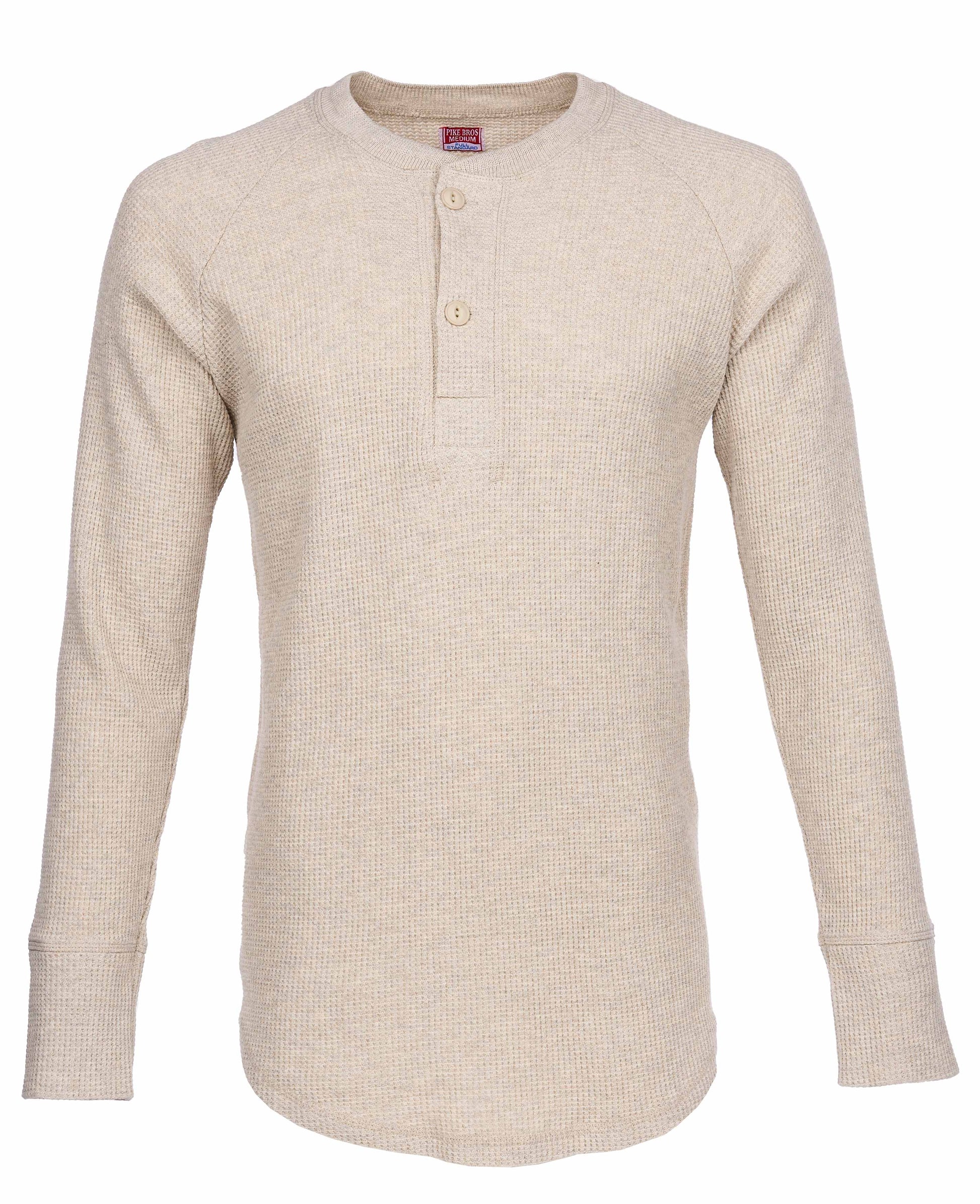 Pike Brothers Beige Waffle long-sleeve shirt, Crew neck with Buttons, sold in Regent Tailoring Salisbury