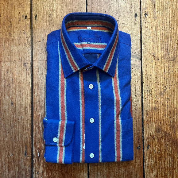 A classic brushed cotton shirt in a blue and brick red/cream stripe. Pearl buttons and kent collar.