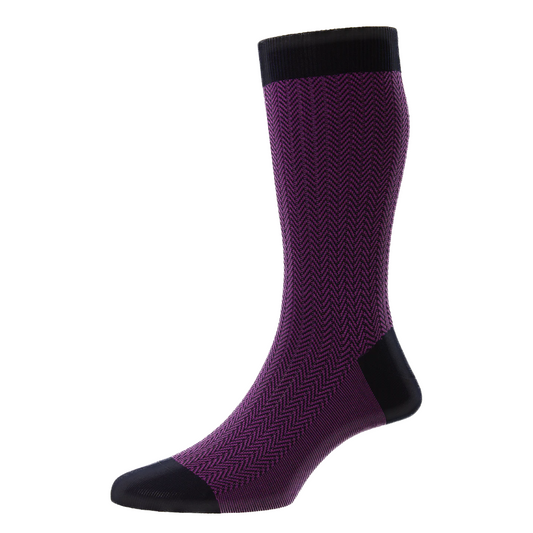 Pantherella - Fabian - Cotton Lisle Socks - Navy & Pink - Herringbone Pattern