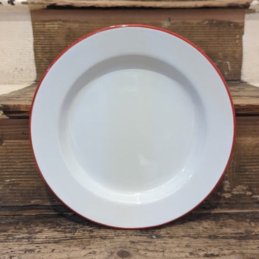 Classic enamel plate with a red rim, 24cm diameter.