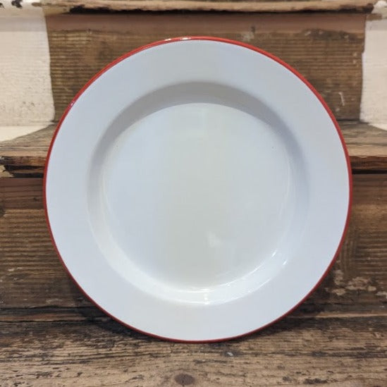 Classic enamel plate with a red rim, 24cm diameter.