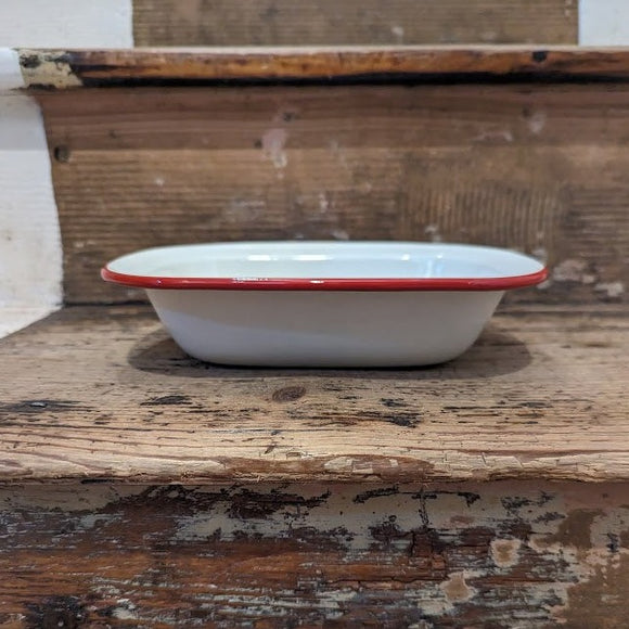 20cm enamel dish with red piping, oblong shape.
