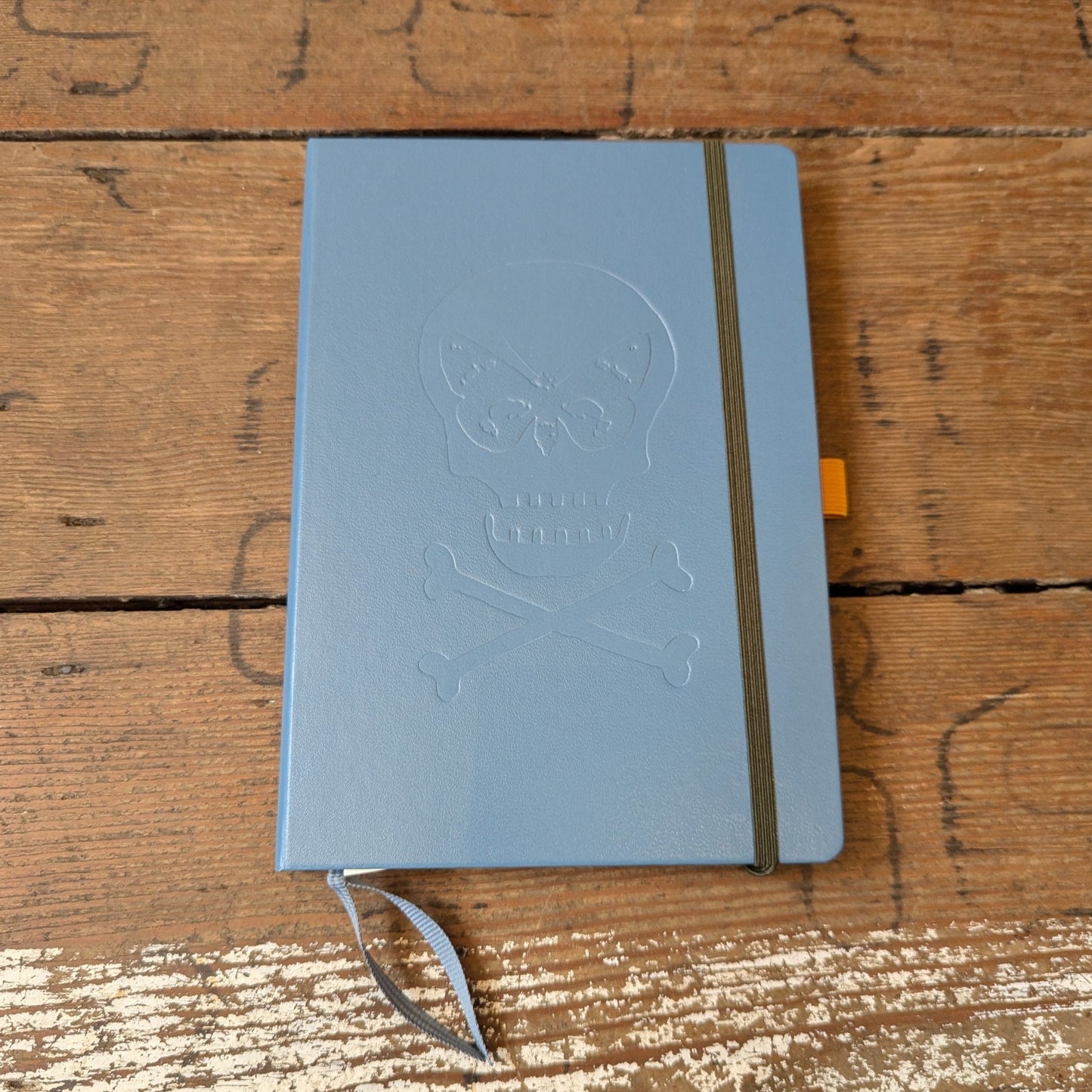 Stone Blue notebook, embossed skull on the front.