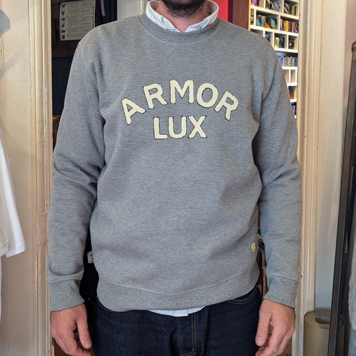 Armor lux logo sweatshirt in grey crew neck.