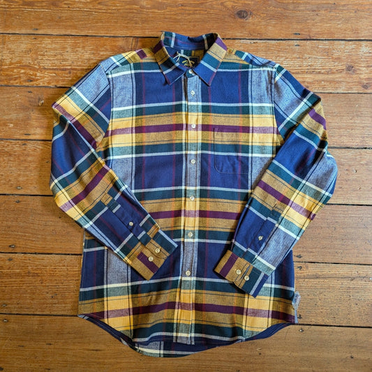 Navy/Yellow check shirt with a regular collar and button up cuffs