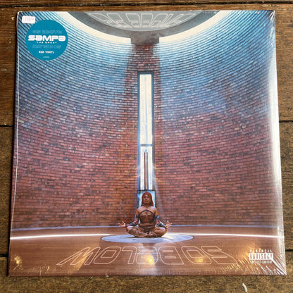 Vinyl record cover with a statue in a circular room design, featuring the brand 'Sampa'.