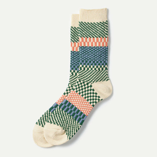 ROTOTO - Check and Step Socks - Green and Orange
