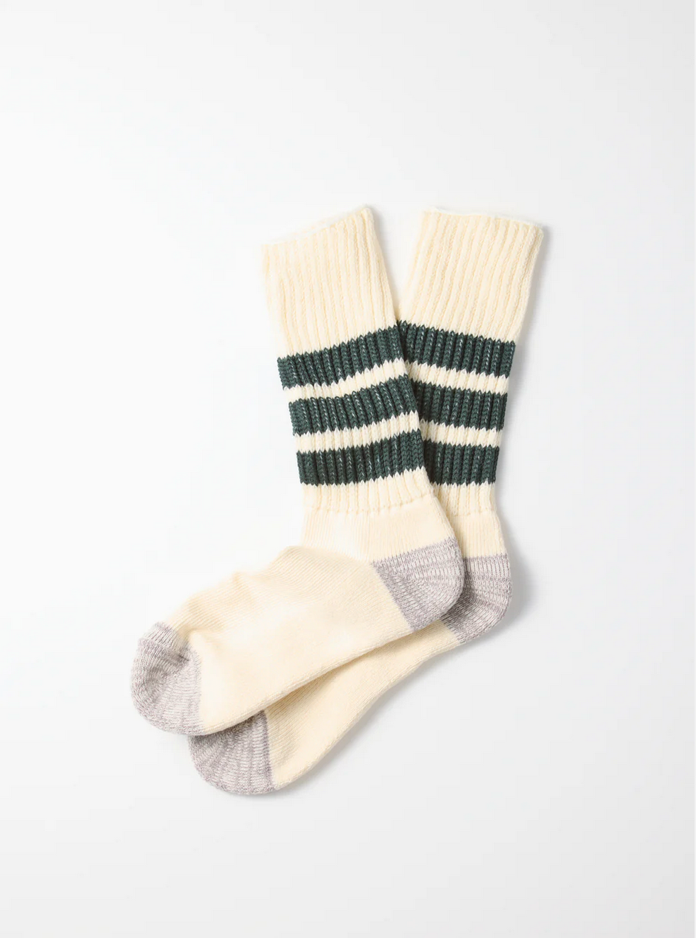 Rototo cream white socks with grey heel and toe and 3 dark green stripes