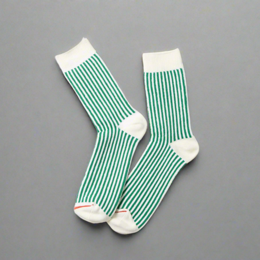 White rototo socks with vertical green stripes