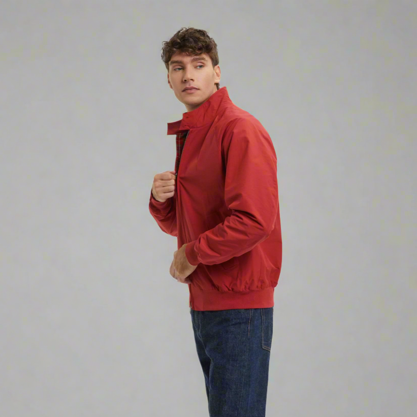 A man wears a red jacket