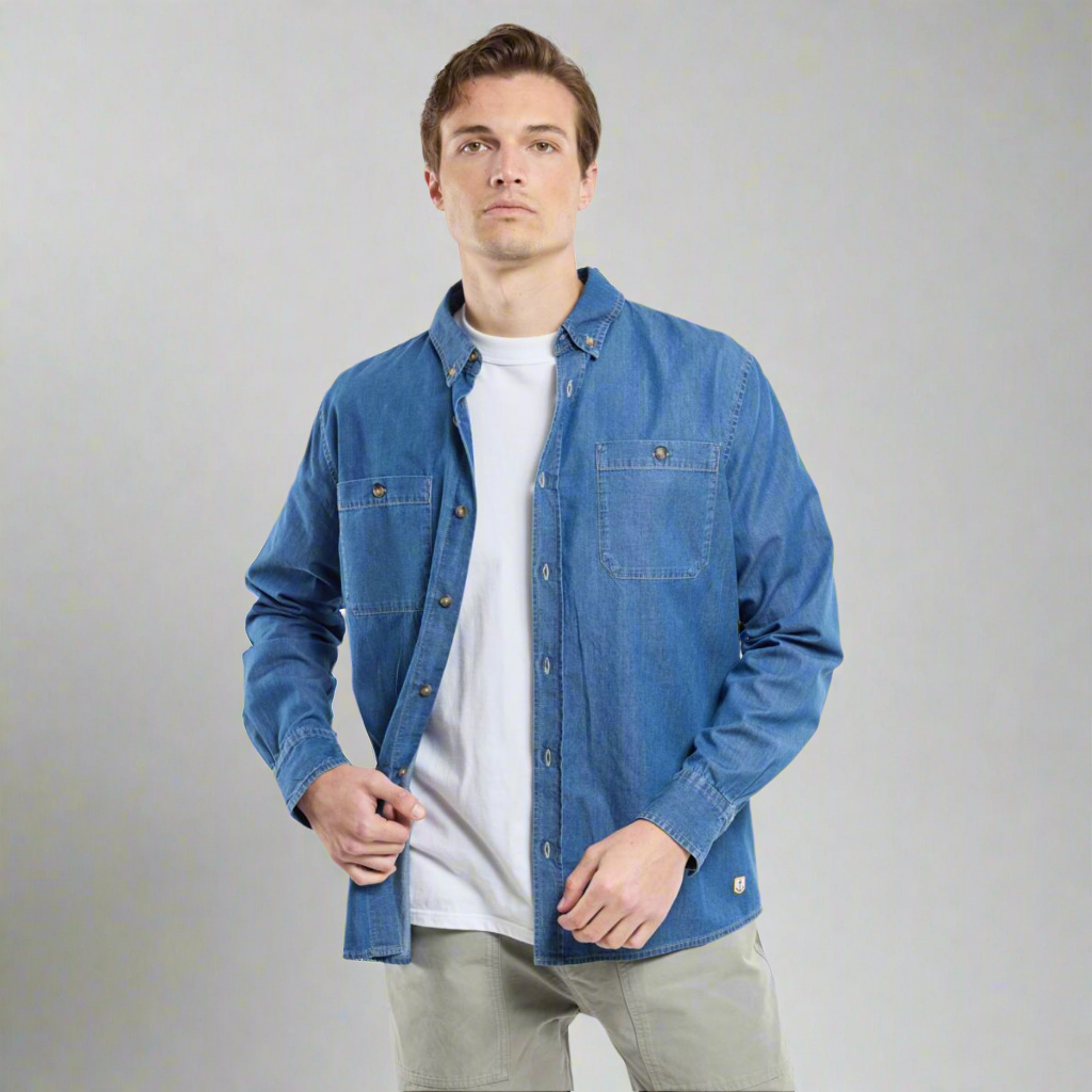 A man wearing a denim overshirt