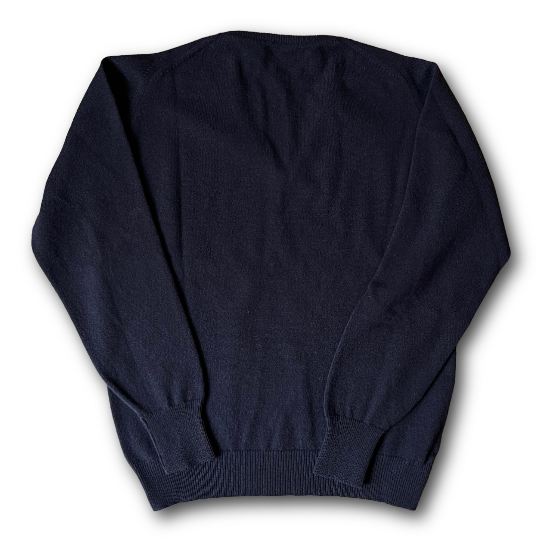 Back of the Classic Regent 100% Geelong wool Jumpers V-neck in Savannah Beige - available on Regent webstore or in store Salisbury UK