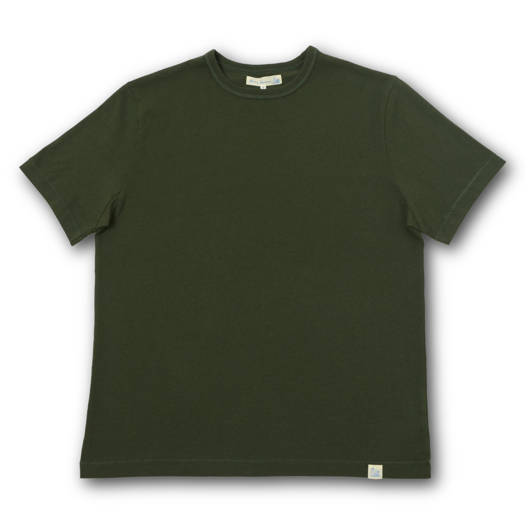 A green short-sleeve crewneck t-shirt laid flat against a white background.