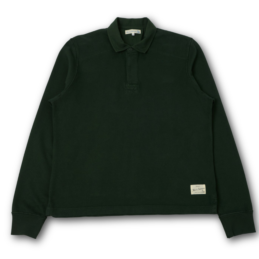 A dark forest green long-sleeve polo rugby shirt with a buttoned collar and ribbed cuffs, laid flat against a white background.