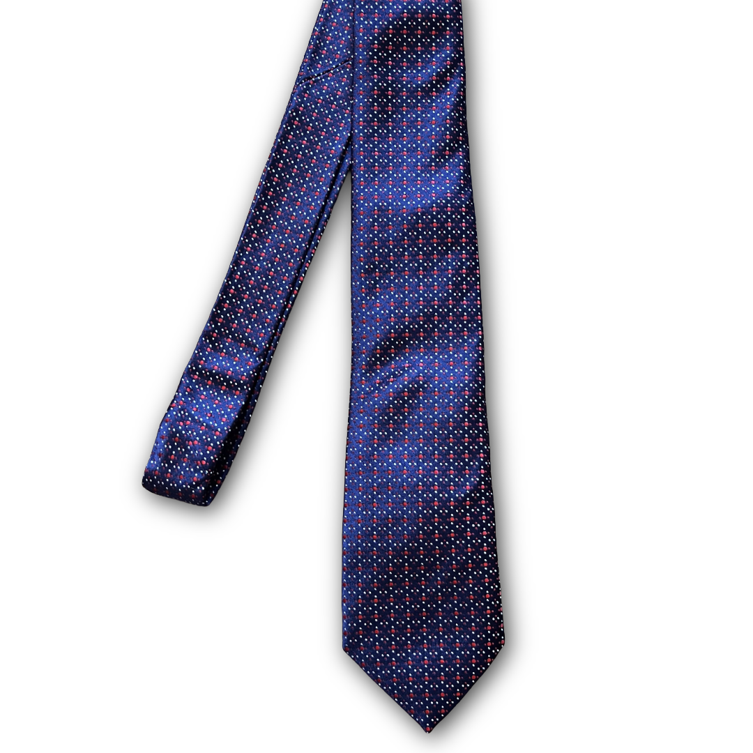Navy tie with red and white geometric pattern