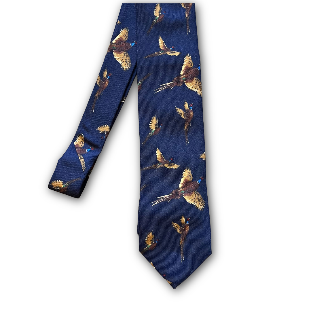 navy tie with birds sold at regent in salisbury