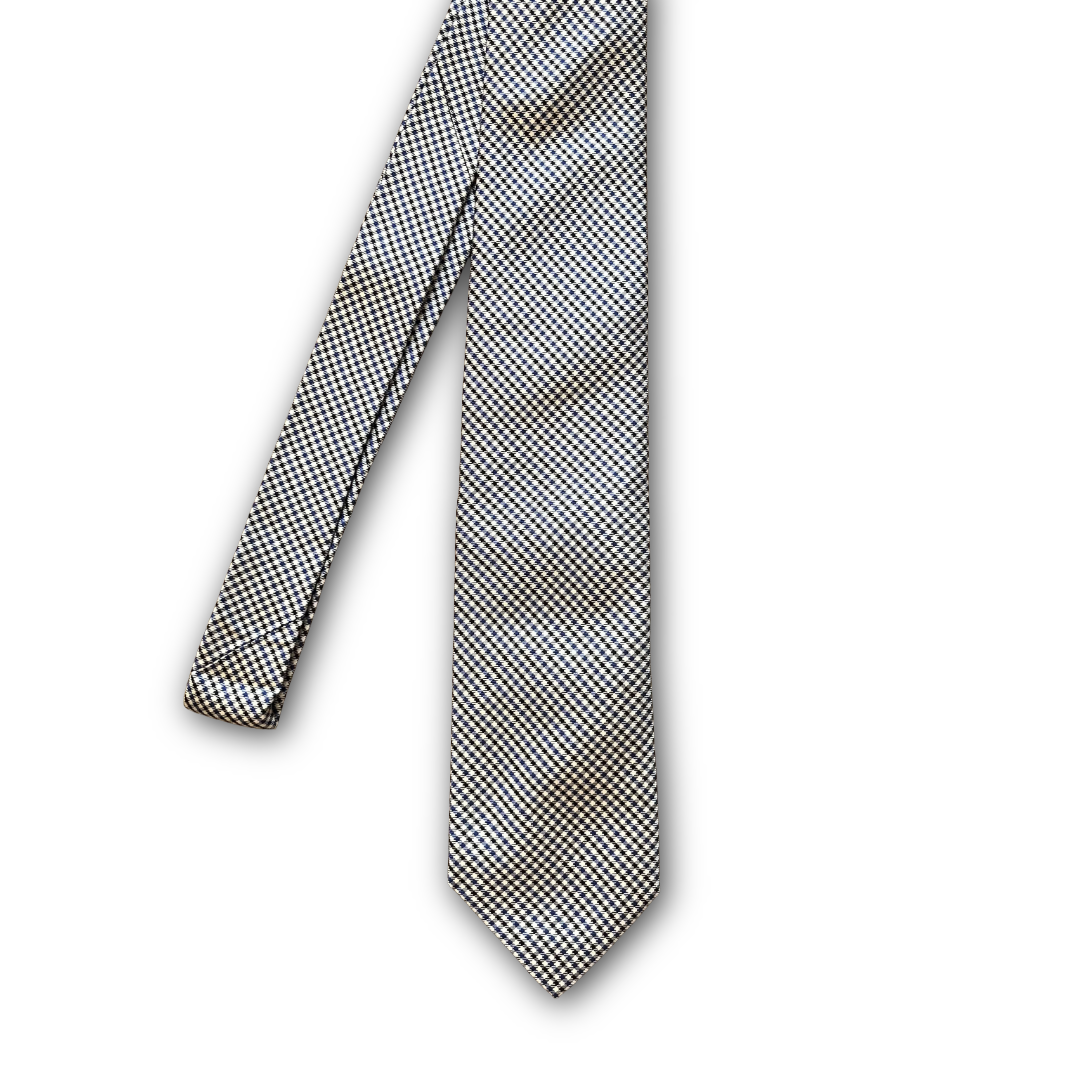 An necktie with a fine black, blue and white micro-checkered pattern, shown against a plain white background.