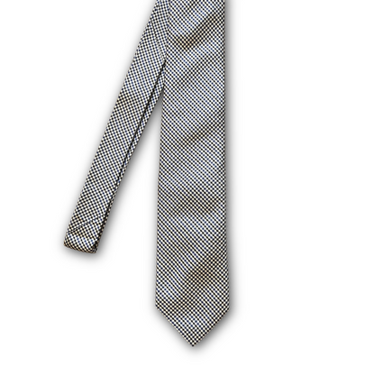 An necktie with a fine black, blue and white micro-checkered pattern, shown against a plain white background.