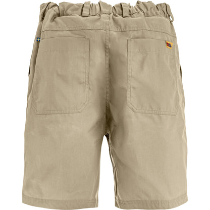 Beige shorts with a visible brand logo on a white background. Features an elastic waist so flexible for weight change and movement while using the product