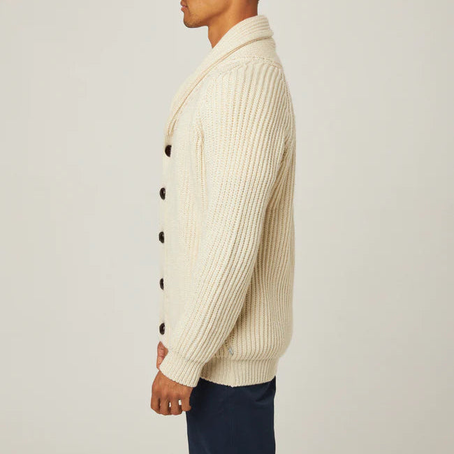 side view of cream cardigan