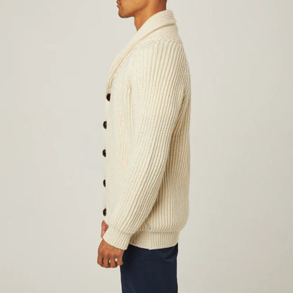 side view of cream cardigan