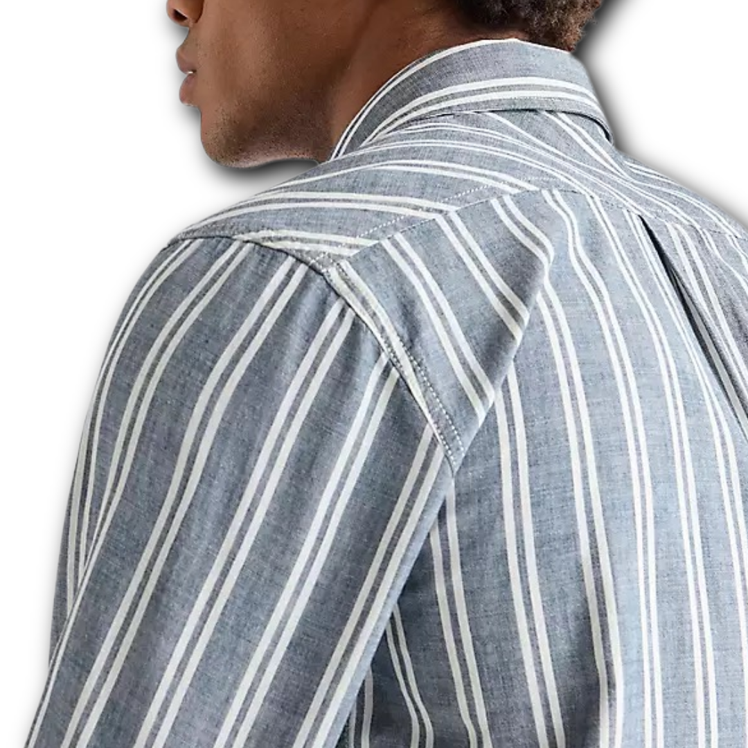 Shoulder of Wrangler stripe shirt sold at regent