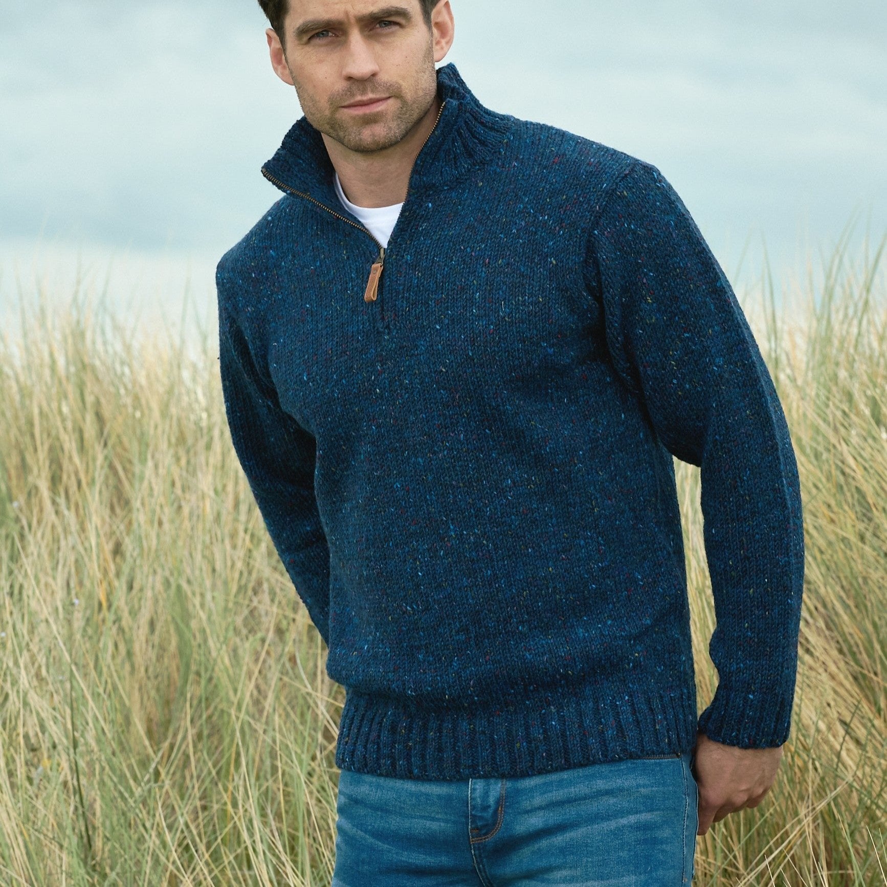 ARAN CRAFT - Donegal Wool Half Zip Sweater - Denim Blue