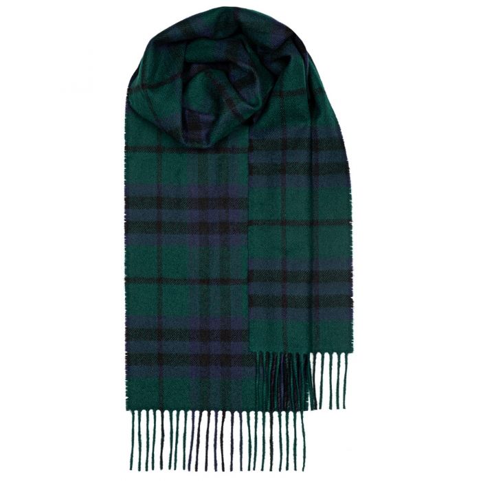 Bowhill Marshall Modern Tartan Lambswool with tassels. Green, Navy and Black Check.