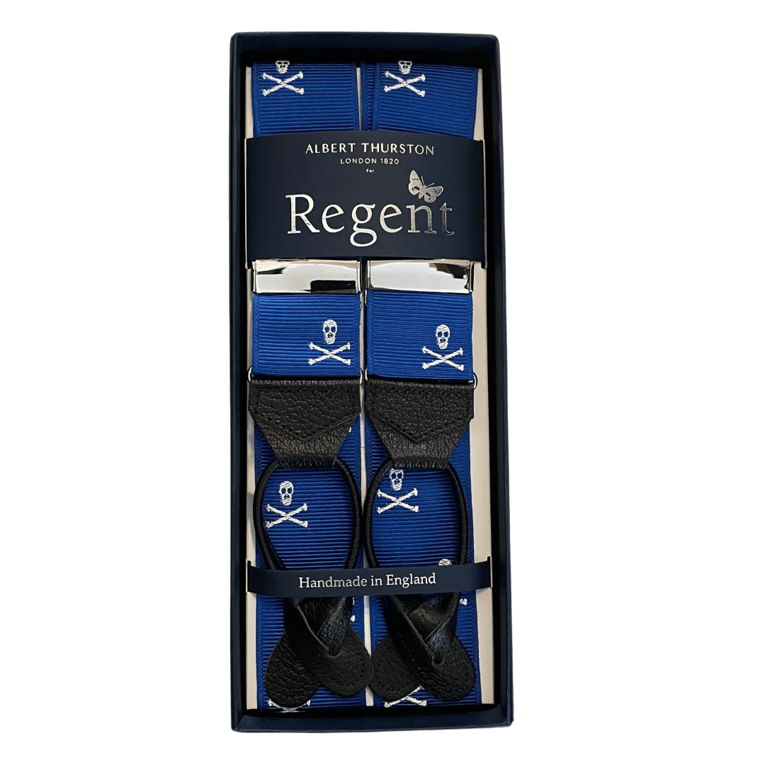 Albert Thurston x Regent - Braces – Royal Blue with White Skull & Crossbones - Regent Tailoring Salisbury