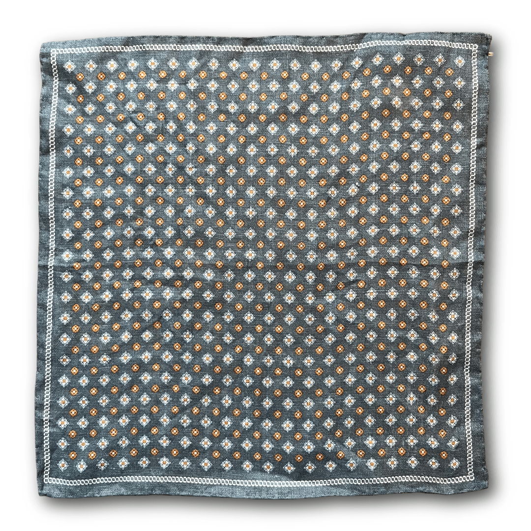 Amanda Christensen - Linen Pocket Square - Blue and Orange Pattern - Regent Tailoring Salisbury