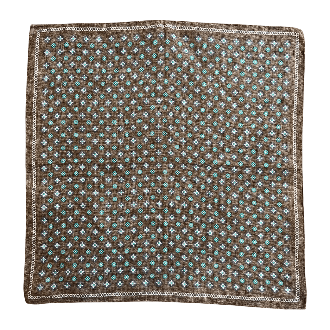 Amanda Christensen - Linen Pocket Square - Brown with Navy and Turquoise Pattern - Regent Tailoring Salisbury