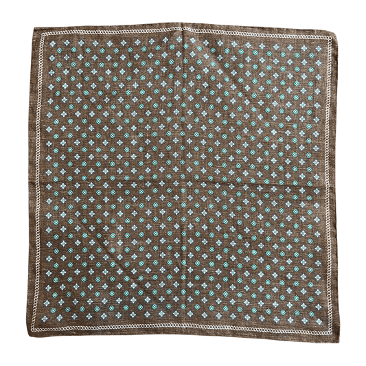 Amanda Christensen - Linen Pocket Square - Brown with Navy and Turquoise Pattern - Regent Tailoring Salisbury