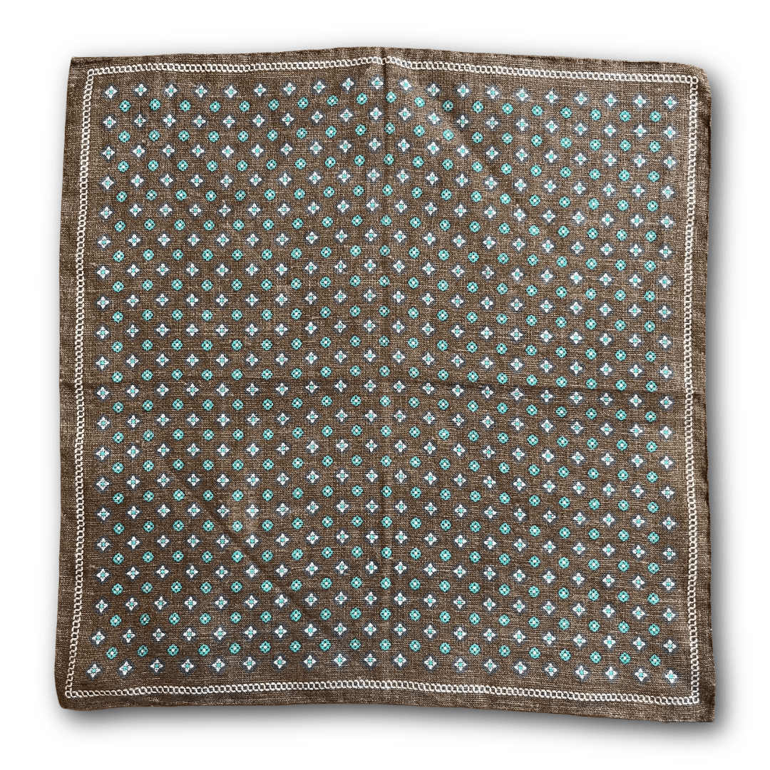 Amanda Christensen - Linen Pocket Square - Brown with Navy and Turquoise Pattern - Regent Tailoring Salisbury