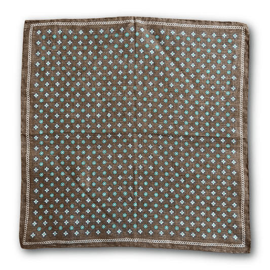 Amanda Christensen - Linen Pocket Square - Brown with Navy and Turquoise Pattern - Regent Tailoring Salisbury