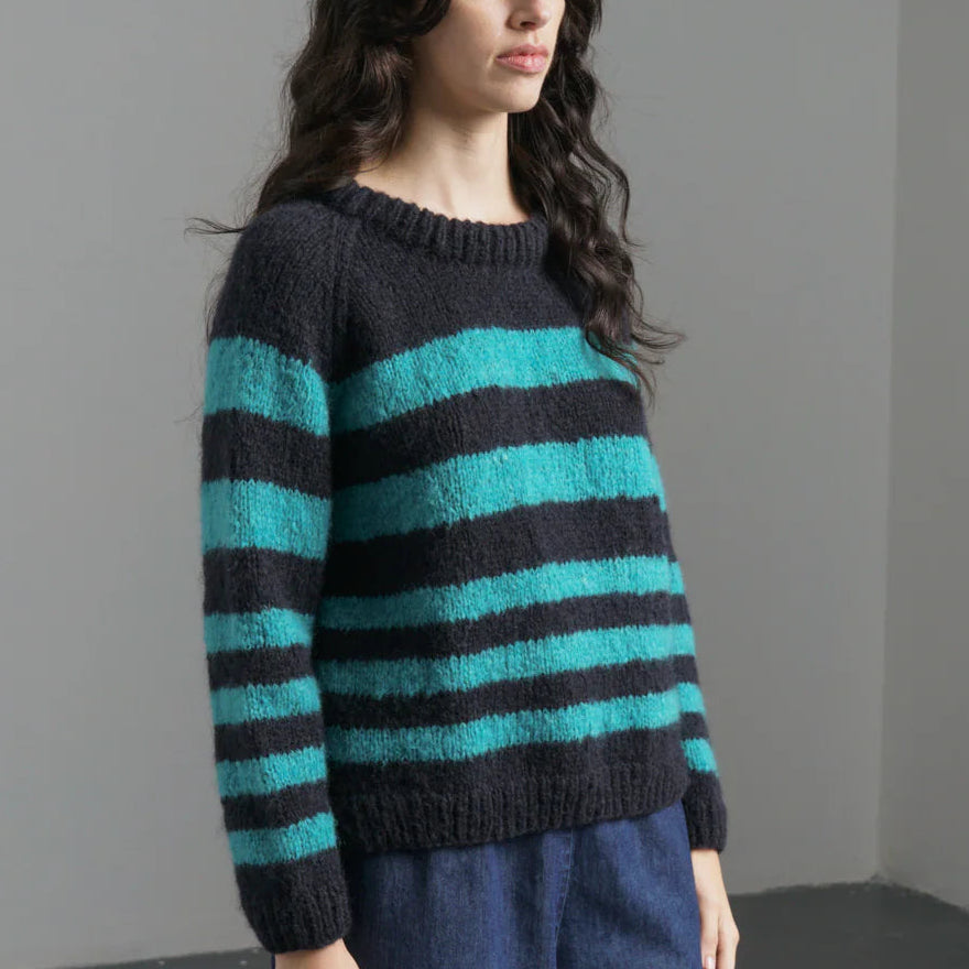 Navy and Retro Blue striped Jumper, 80% wool, available in Regent Tailoring Salisbury UK