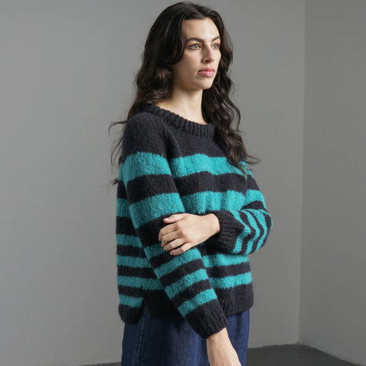 Navy and Retro blue striped sweater 80% wool, avalible at Regent Tailoring Salisbury uk