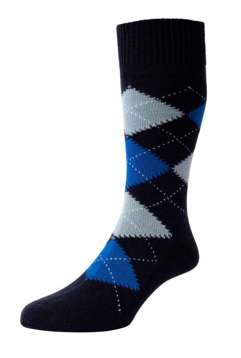 Black argyle sock with blue and gray pattern on a white background