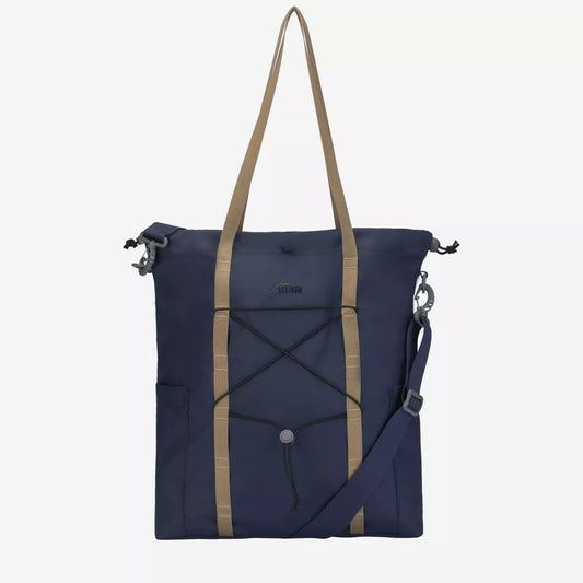 Navy blue bag, cream strapped handle.