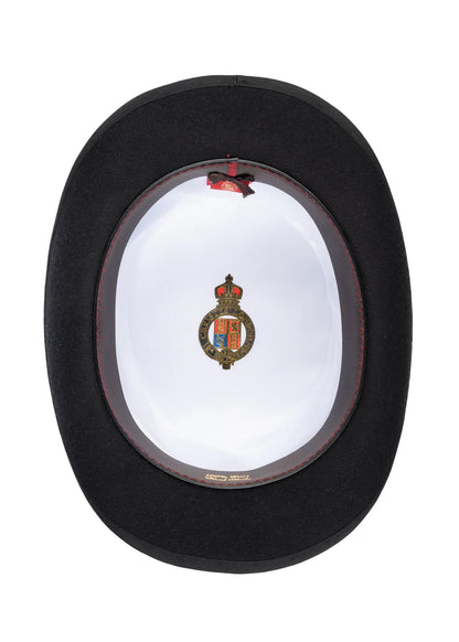 A Christy's felt top hat with black ribbon - interior with red and gold Christy's logo