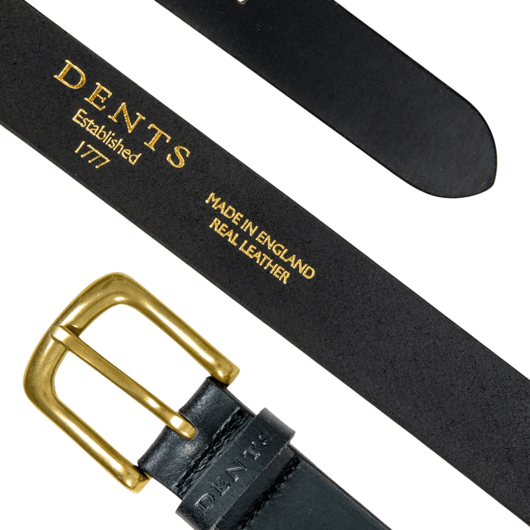 DENTS - Men’s Heritage Lined Full-Grain Leather Belt With Antique Brass - Black - Regent Tailoring Salisbury