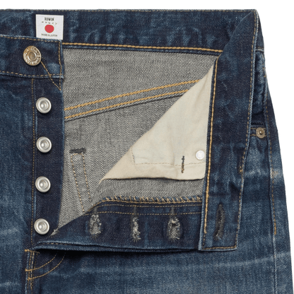 EDWIN Regular Straight Jeans in Blue Dark Used. Japanese 13.5oz Kaihara selvedge denim with a high rise, straight fit and authentic worn-in finish.