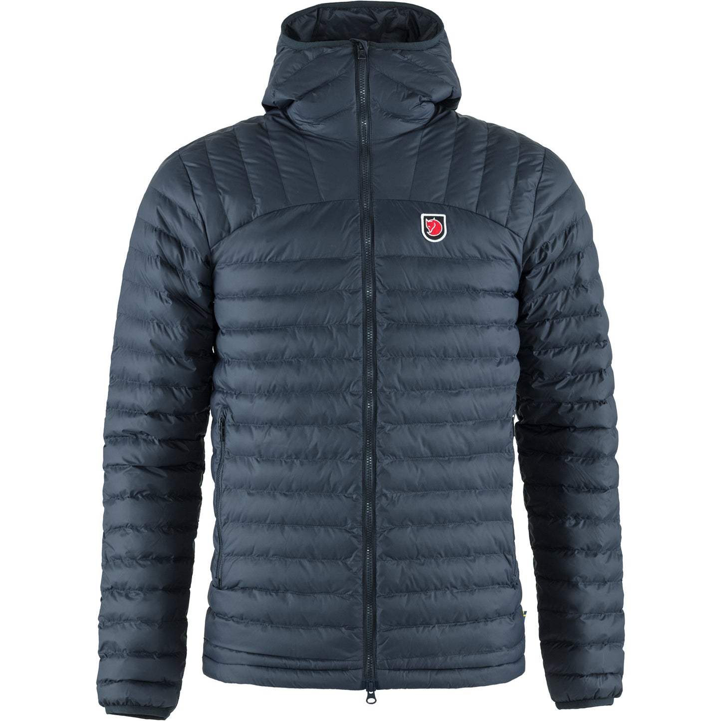 insulated style jacket with striped quilting and a matching hood two front pockets and a full zip