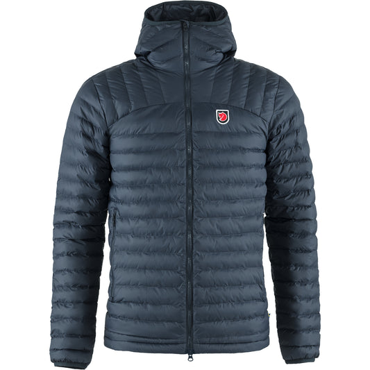 insulated style jacket with striped quilting and a matching hood two front pockets and a full zip
