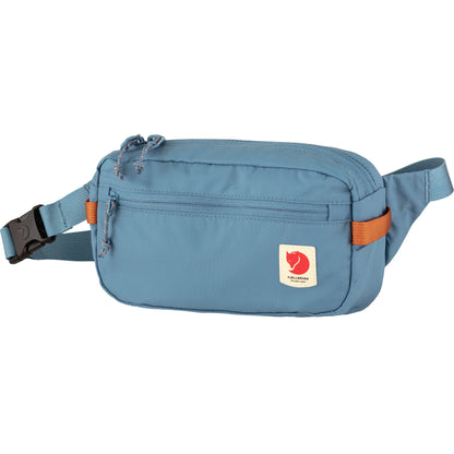 Dusk blue hip pack with front zip and fjallraven logo, adjustable strap and orange side handles