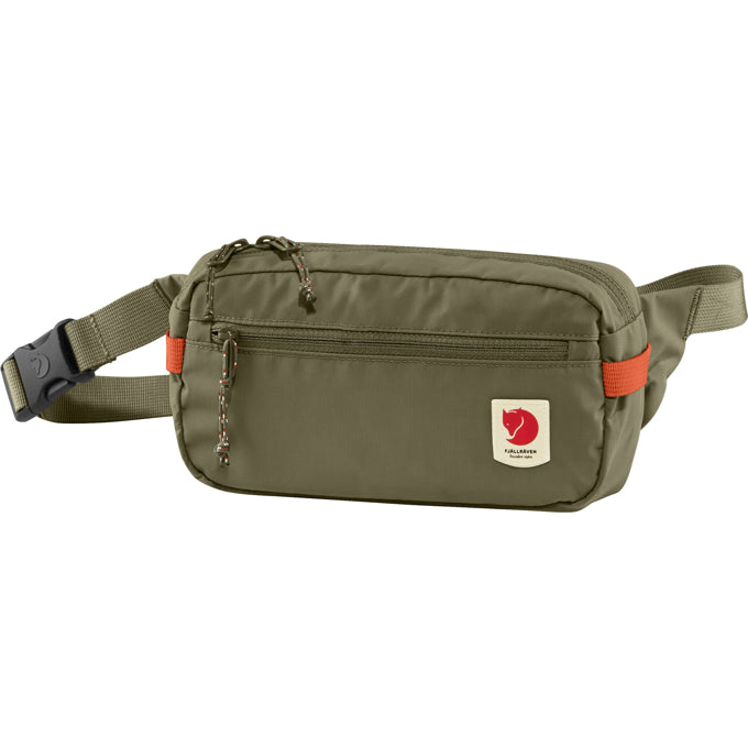 Green hip pack with front and main zip adjustable strap and logo stitched front