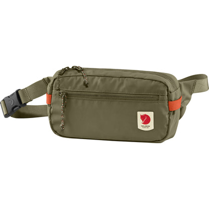 Green hip pack with front and main zip adjustable strap and logo stitched front