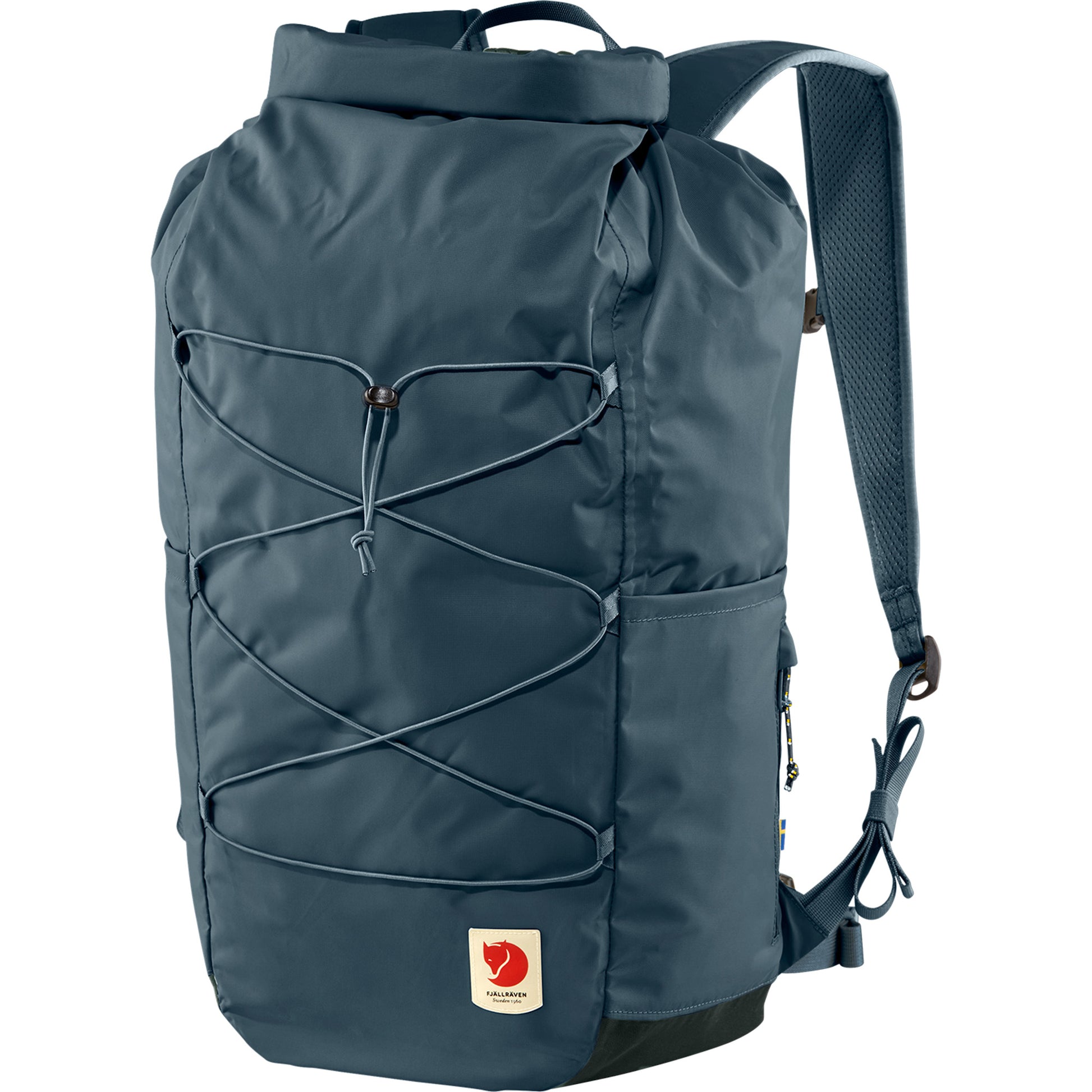 Navy rolltop Fjallraven bag with front bungees and side pockets.