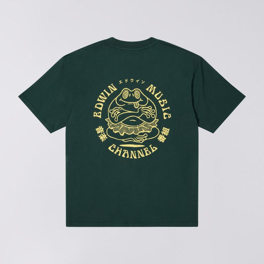 Green t-shirt with gold graphic and text on a white background